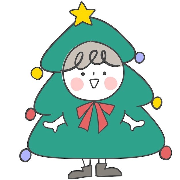 Иллюстрация ребенка, одетого в костюм дерева на Рождество.