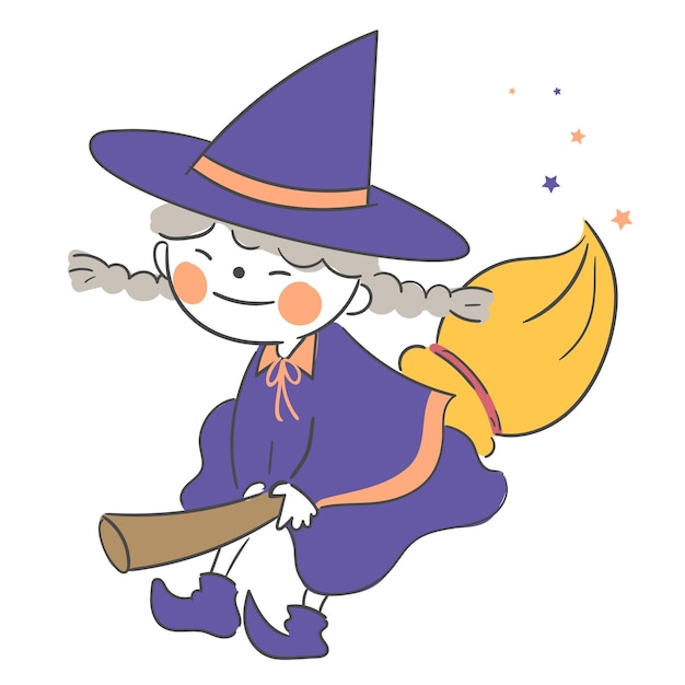 An illustration of a child dressed in a witch costume for Halloween.