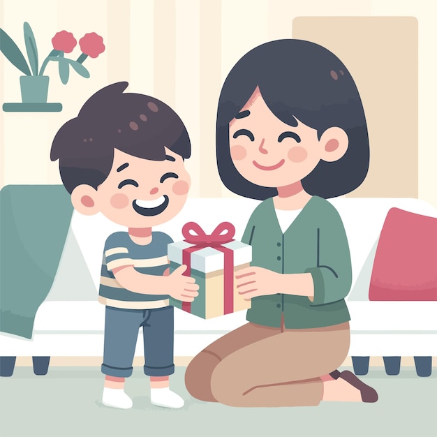 母親の日を祝うために母親に贈り物を贈る子供のイラスト