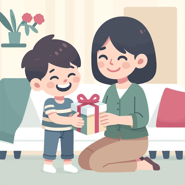 Vector illustration of a child giving a gift to his mom to celebrate mothers day