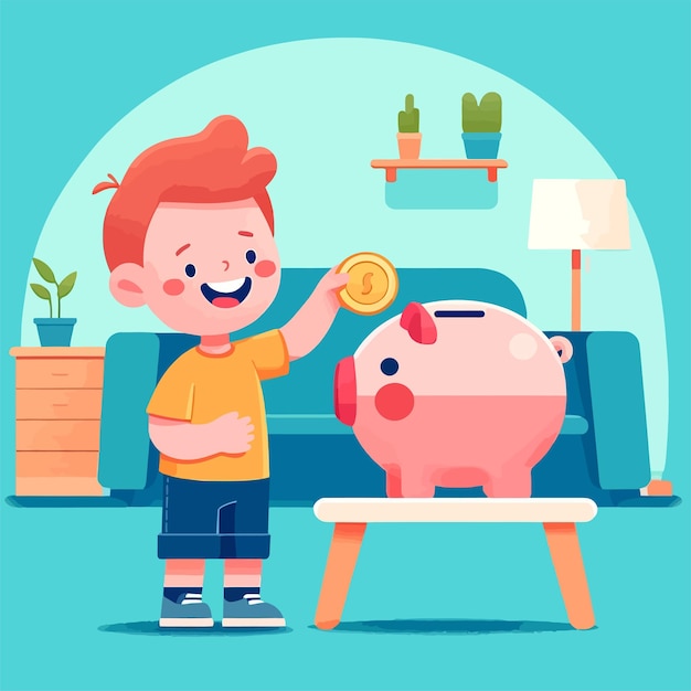 Vector illustration of a child happily depositing coins into a piggy bank shaped like a pig