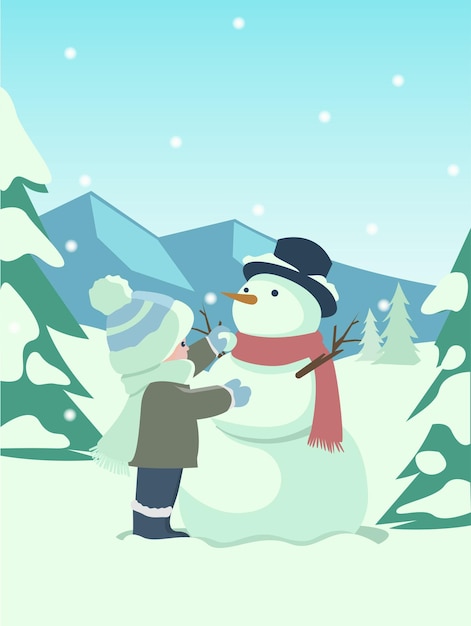 Illustration of a child playing and making a snowman