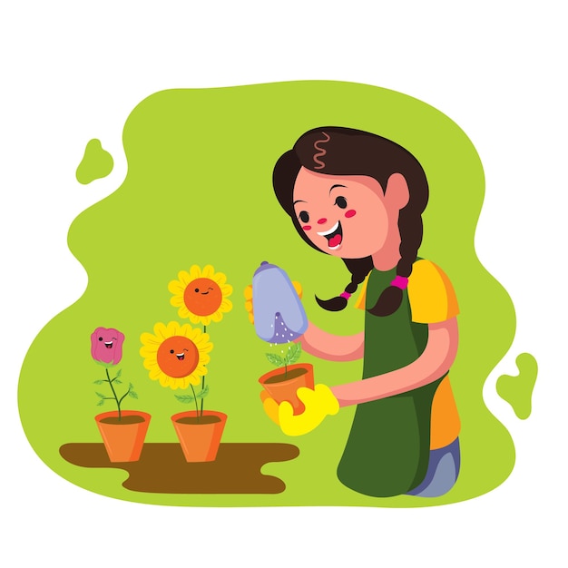 Illustration of child watering plants vector illustration