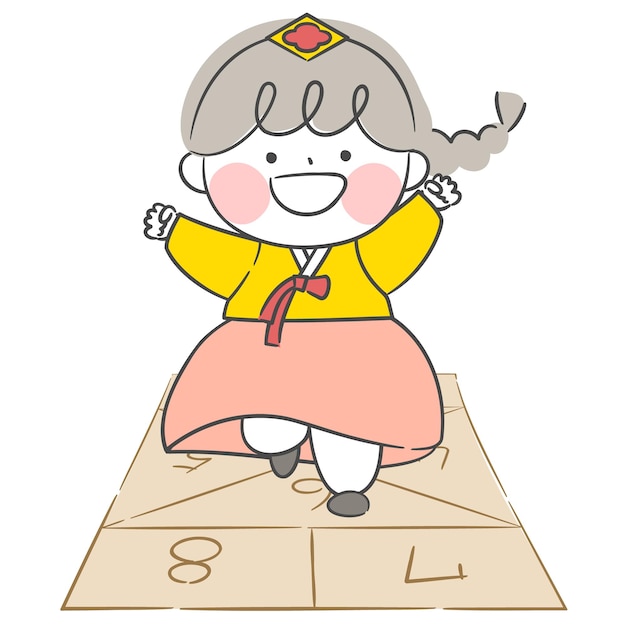 Vector an illustration of a child wearing hanbok who is playing a game of picking the ground