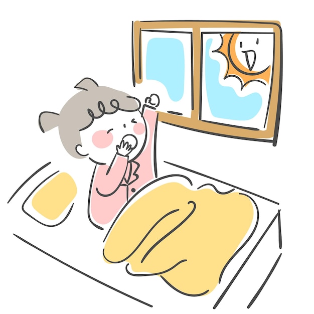 Illustration of a child who wakes up yawning in the morning