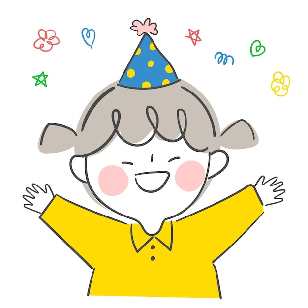 Illustration of a child with a birthday hat on her birthday