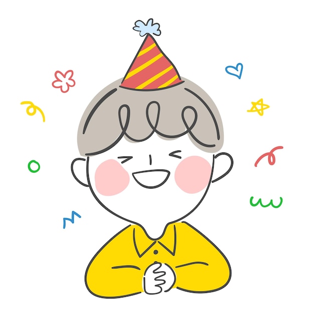 Illustration of a child with a birthday hat on his birthday