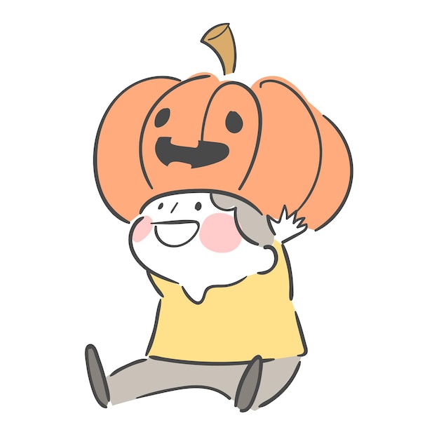 An illustration of a child with a halloween pumpkin hat.