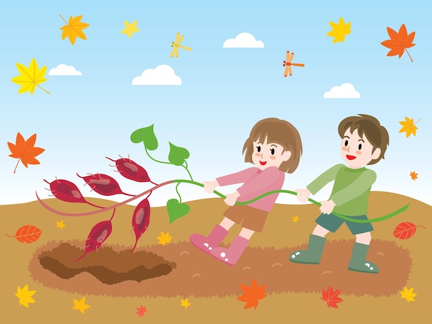 Illustration of children digging for sweet potatoes