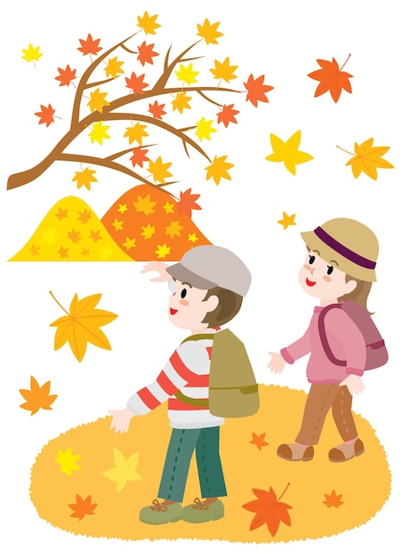 Vector illustration of children doing maple tree viewing