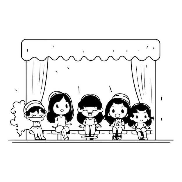 Illustration of children in front of the stage with a red curtain