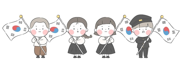 An illustration of children holding the Korean national flag