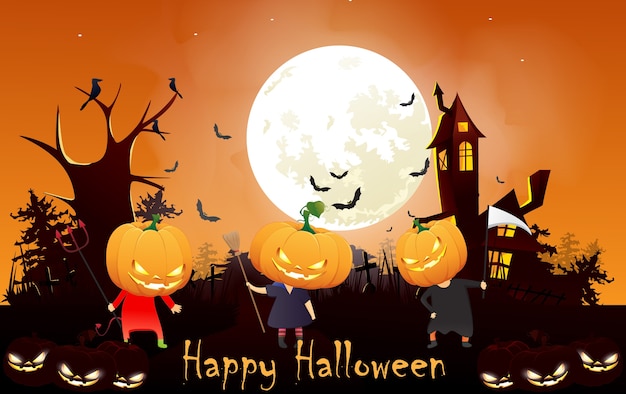 Illustration of children at night halloween party