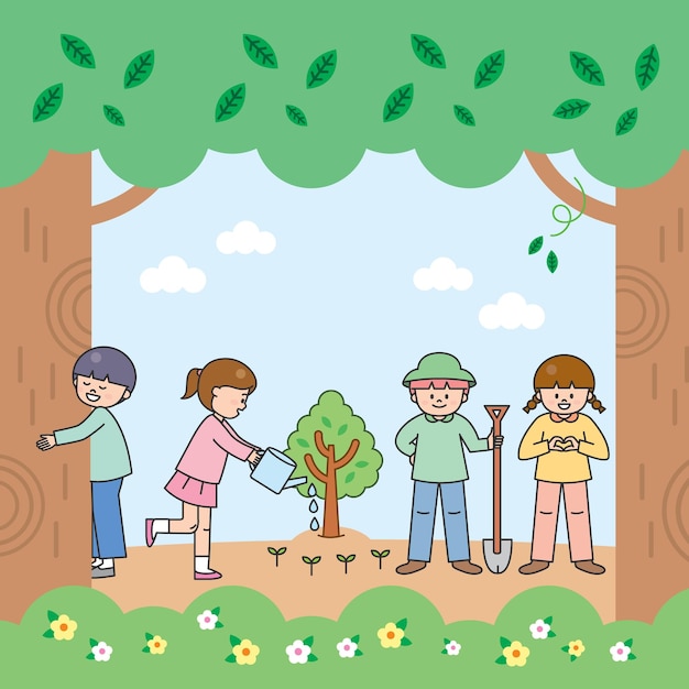 木を植える子供たちのイラスト