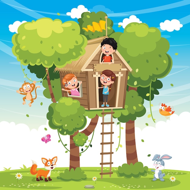 Illustration of children playing at tree house