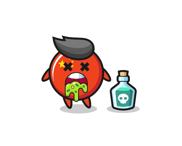 Illustration of an china flag badge character vomiting due to poisoning