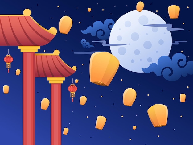 Illustrazione del festival delle lanterne cinesi con la lanterna volante al cielo notturno con la costruzione del cancello cinese