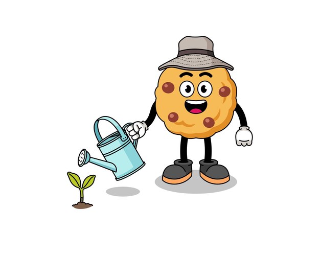 Illustration of chocolate chip cookie cartoon watering the plant character design