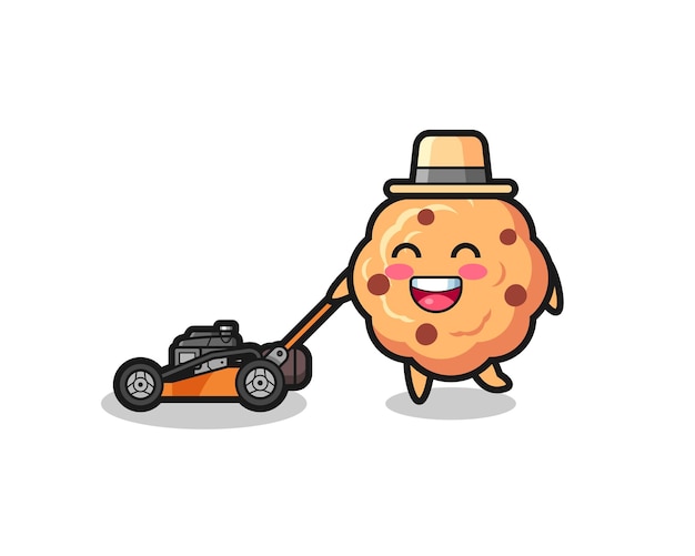 Illustration of the chocolate chip cookie character using lawn mower , cute style design for t shirt, sticker, logo element