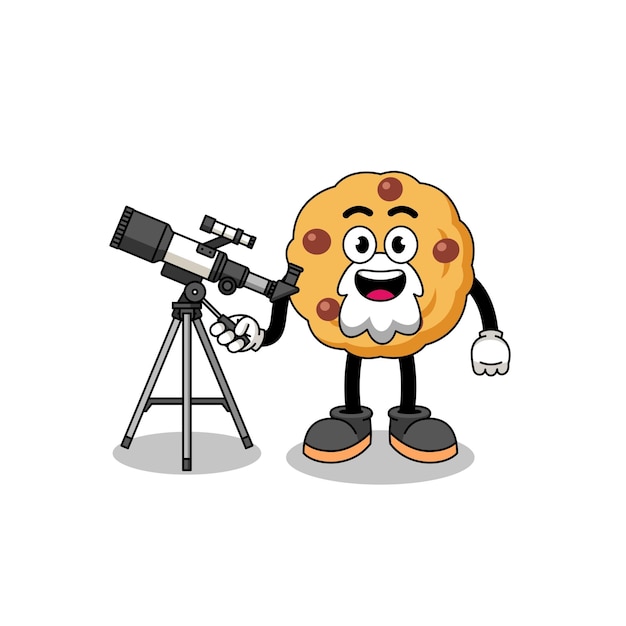 Illustration of chocolate chip cookie mascot as an astronomer character design
