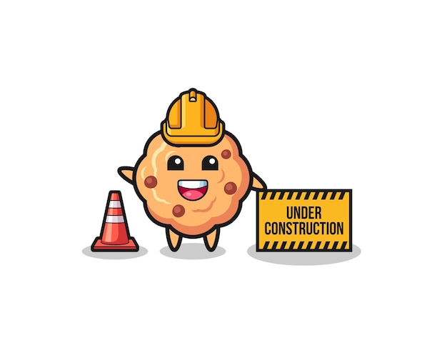 Illustration of chocolate chip cookie with under construction banner cute design