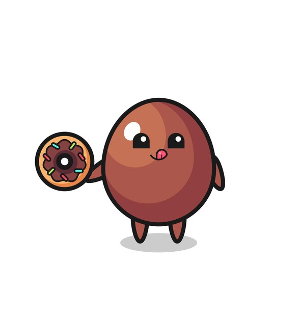 Vector illustration of an chocolate egg character eating a doughnut