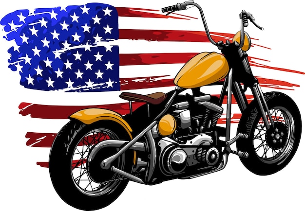 アメリカの国旗とチョッパー バイクのイラスト