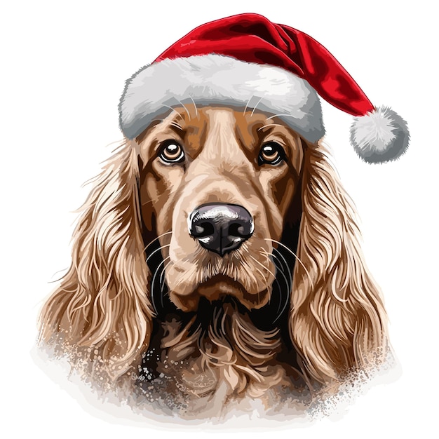 Illustrazione del cane di natale con il cappello da babbo natale dipinto di un cane che indossa un cappello