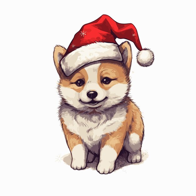 Illustrazione del cane di natale con il cappello da babbo natale dipinto di un cane che indossa un cappello