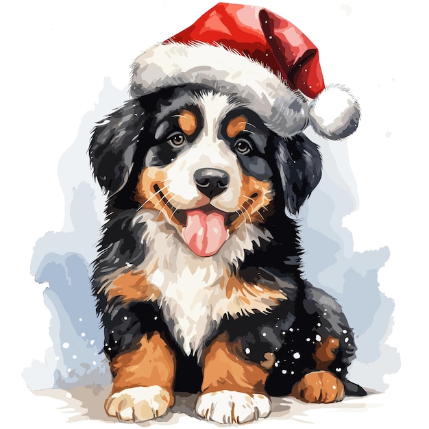 Illustrazione del cane di natale con il cappello da babbo natale dipinto di un cane che indossa un cappello