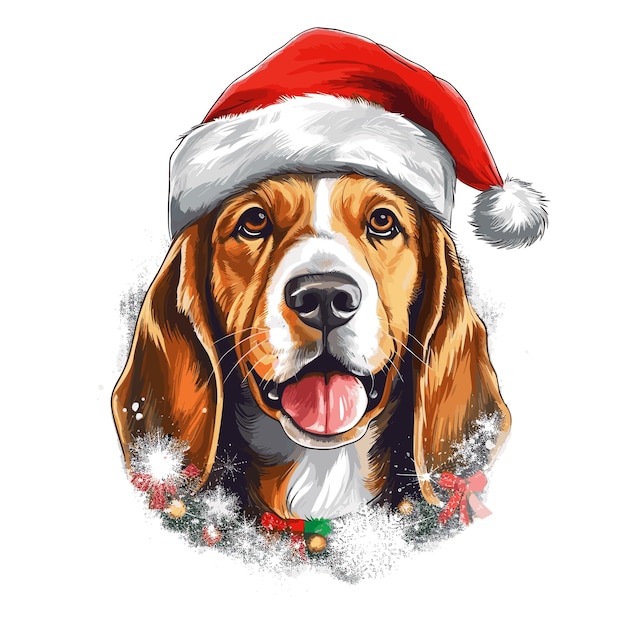 Illustrazione del cane di natale negli animali dell'acquerello del cappello di babbo natale