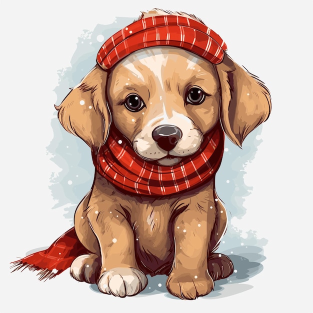 Illustration of christmas dog in santa hat watercolor style