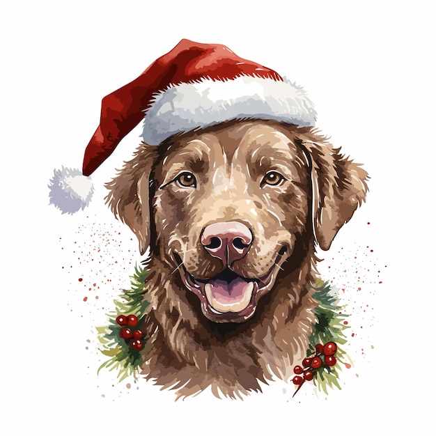 Illustration of christmas dog in santa hat watercolor style