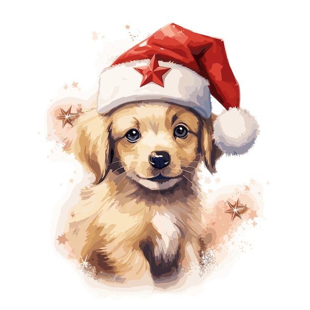 Illustrazione del cane di natale in cappello di babbo natale stile acquerello