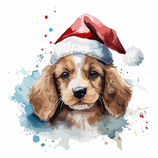 サンタ帽子の水彩風のクリスマス犬のイラスト