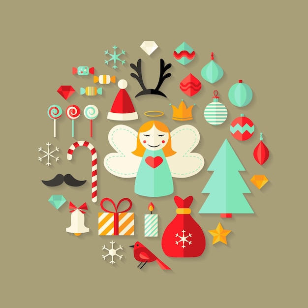 Illustration of christmas flat icons cute set over light brown