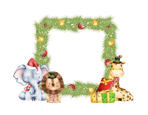 Illustration Christmas Frame Wreath with Safari Animals and gifts