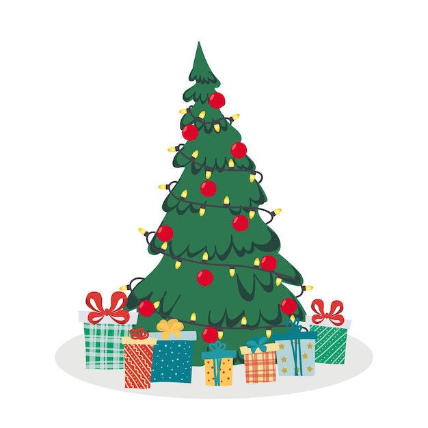 illustration of a christmas tree decorated with red balls and a garland with gifts