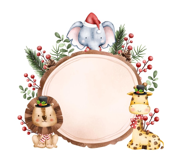 Illustration Christmas Wooden Board with Safari Animals