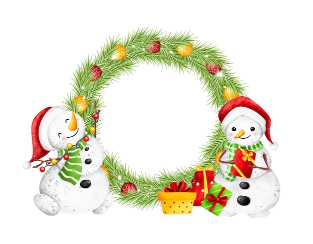 Illustration Christmas Wreath with Snowman and gifts