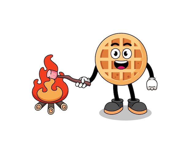 Vettore illustrazione del waffle circolare che brucia un marshmallow