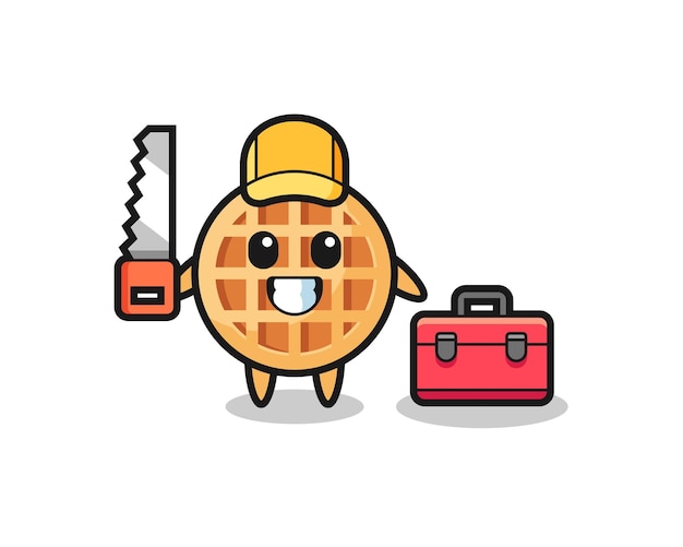 Illustration of circle waffle character as a woodworker , cute design