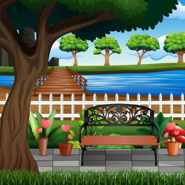 Vector illustration of city park with trees and river