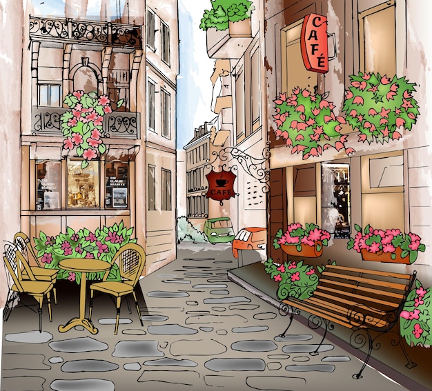 Illustration of city street Watercolor style