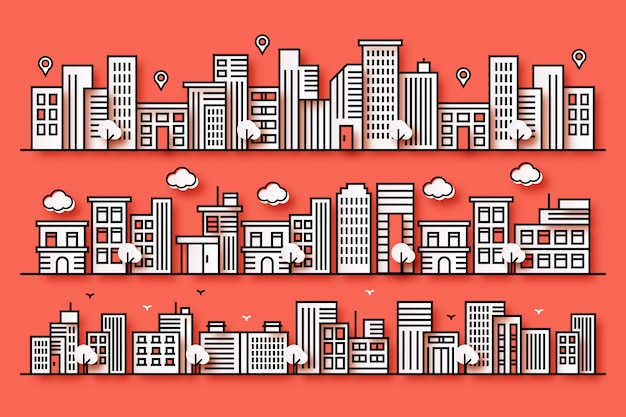 Illustrazione di una città con varie forme di città in uno stile di carta