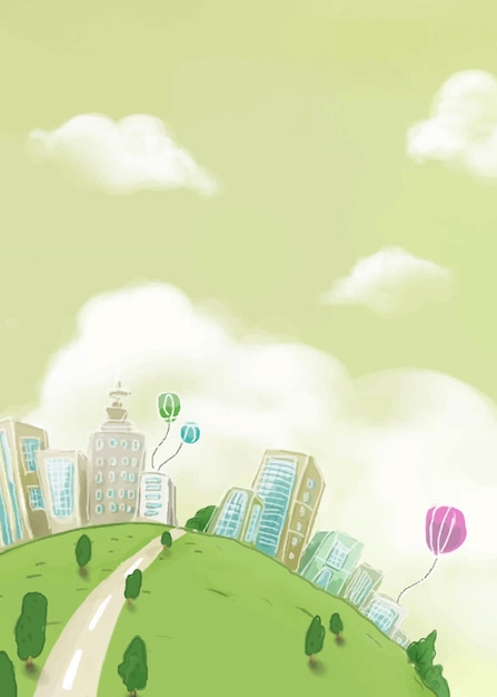 Вектор Иллюстрация городской пейзаж зеленый луг с белыми облаками для покрытия книжных отпечатков, плакат