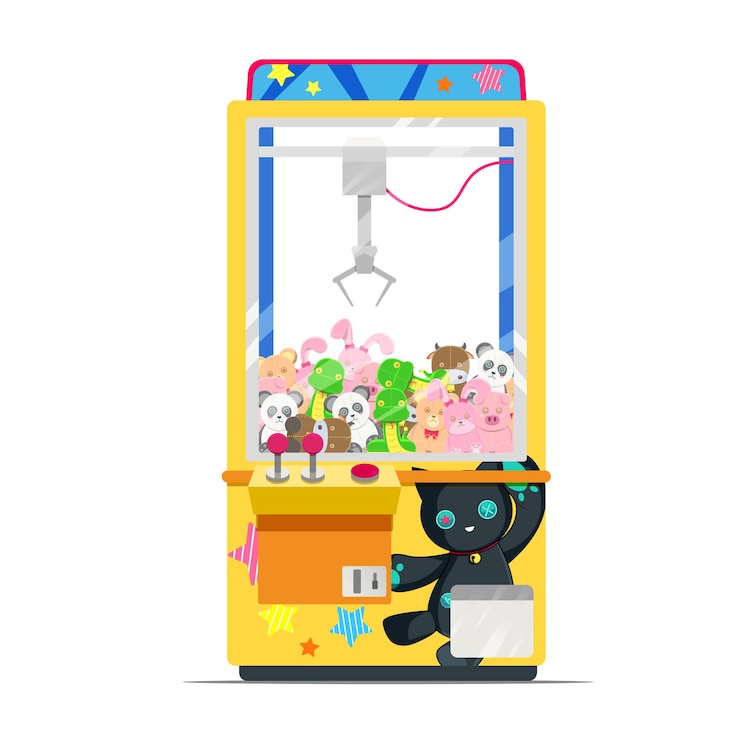 Vector illustration of claw crane game machine with big pile of dolls inside it