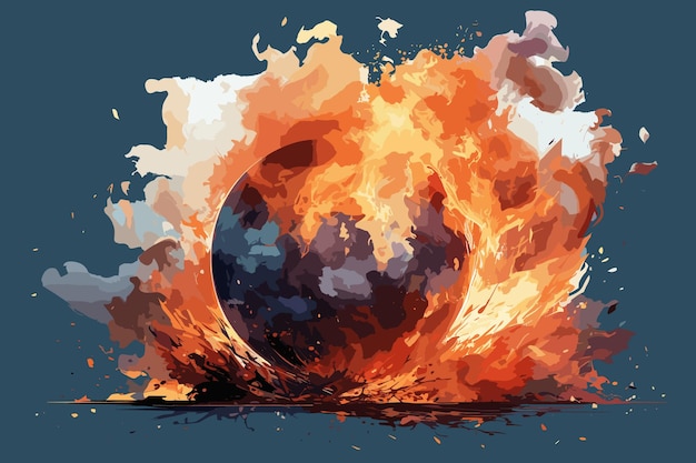 Vector illustration of climate change climate apocalypse pollution wildfires giant moon planet