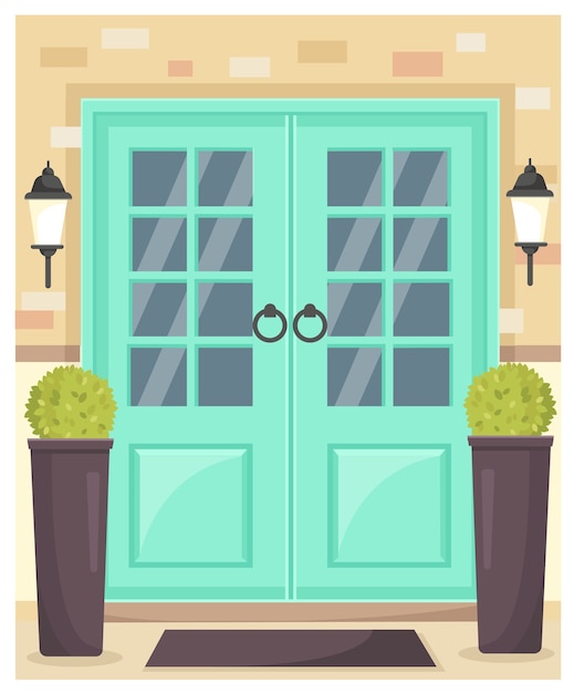 Vector illustration of a closed front door with potted plants and wall lamps.