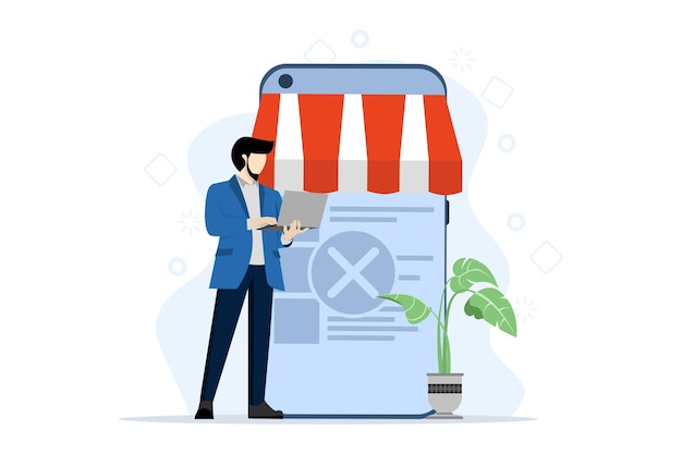 illustration of closed order or out of stock concept with business man standing holding laptop